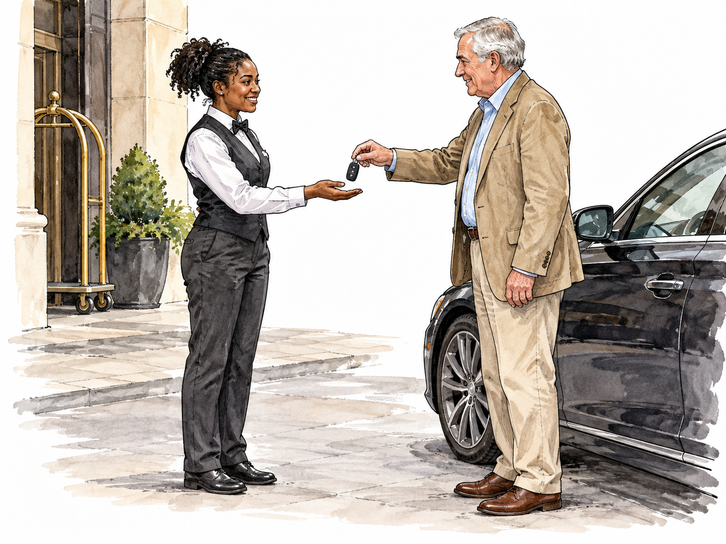 A Black female parking valet accepting a car key from an older white visitor outside a hotel, professional courtesy.