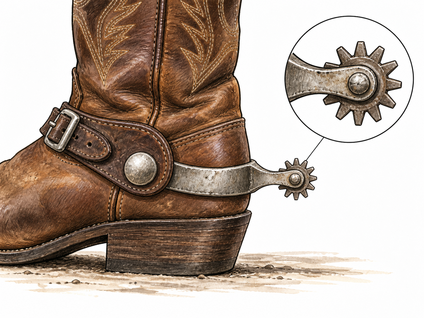 Close small toothed spur wheel attached to riding boot.