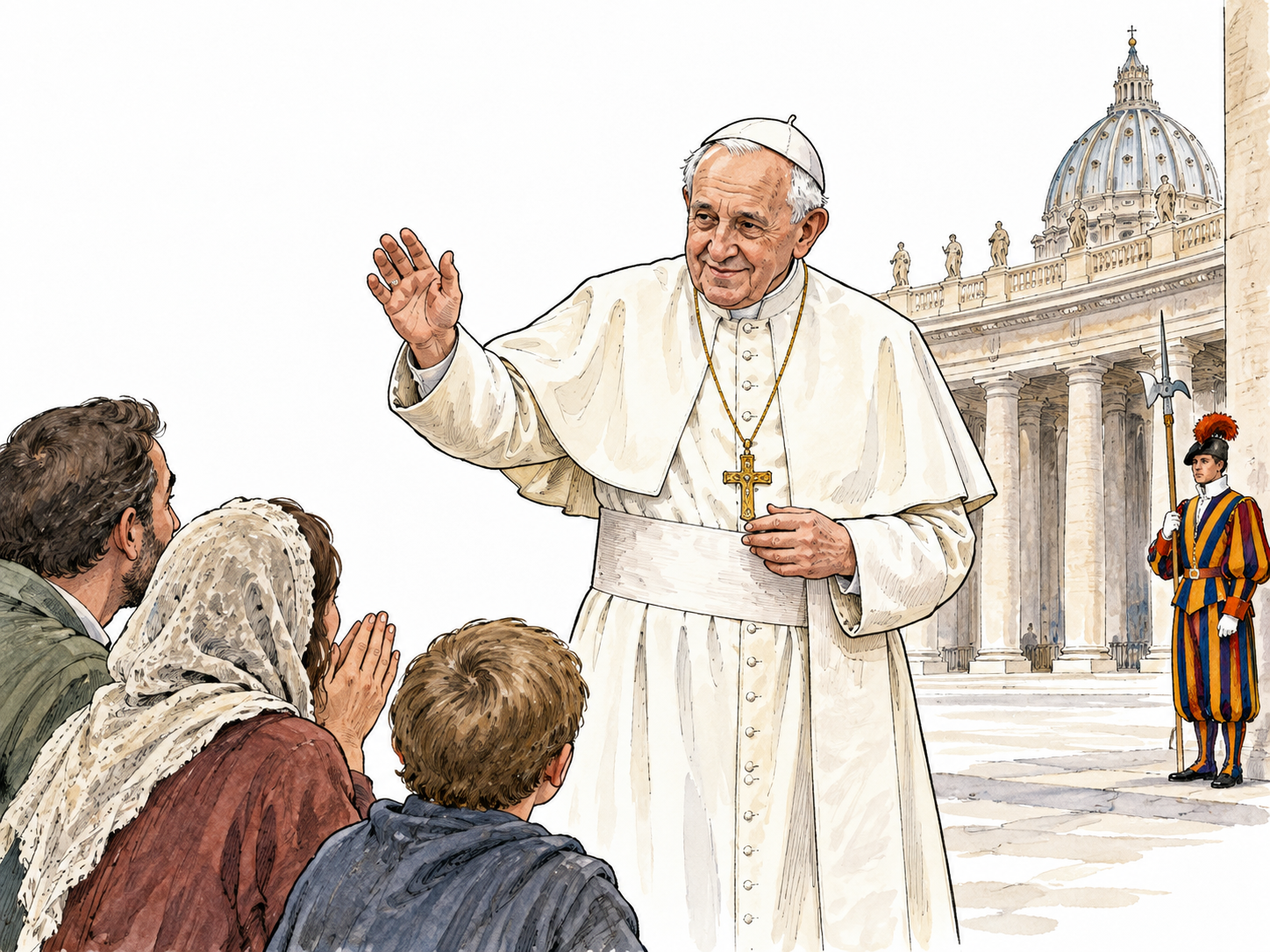 A fictional elderly pope in white cassock greets people in a courtyard.