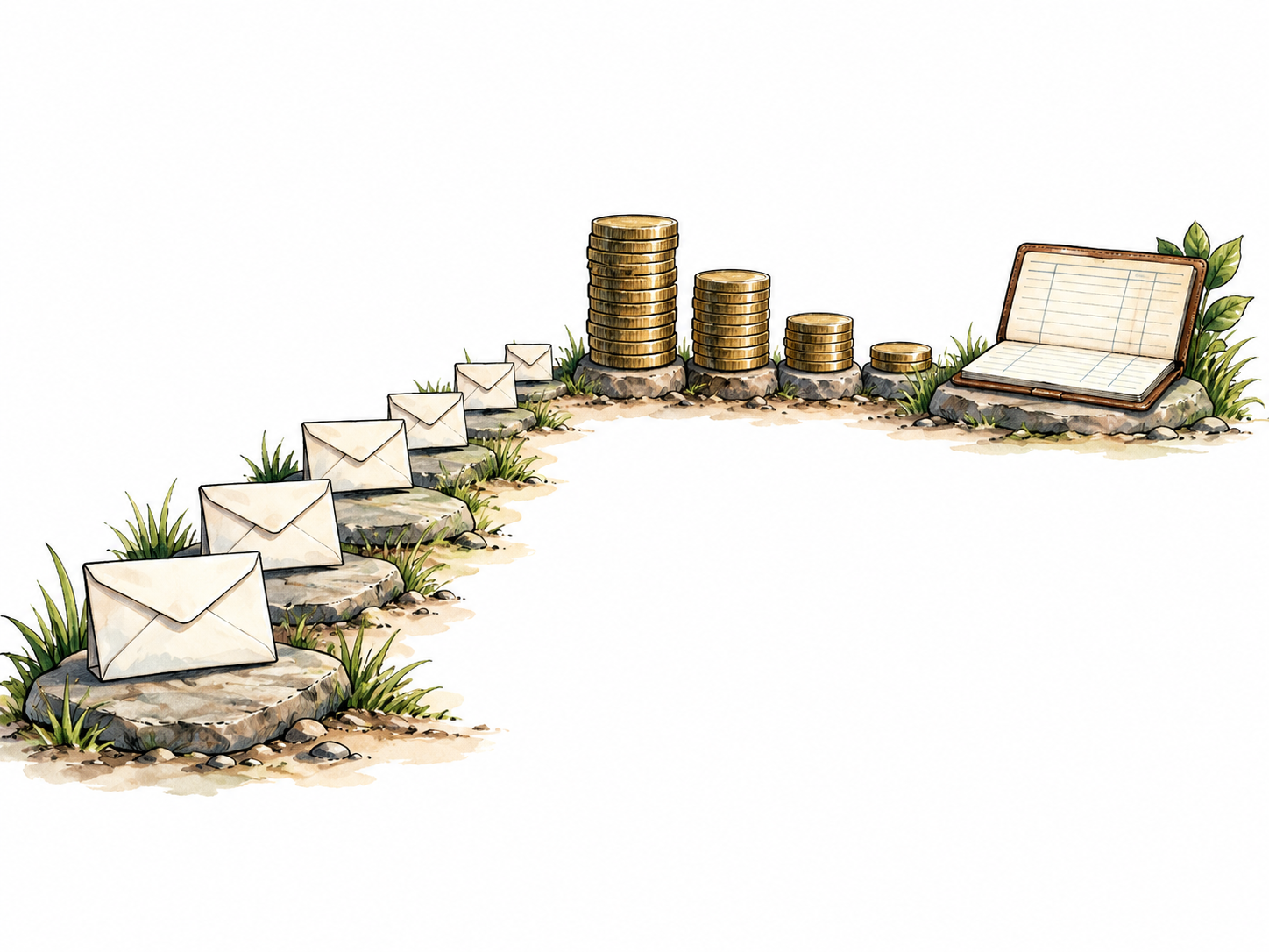 A row of monthly payment envelopes leading to a shrinking stack of debt coins and finally a cleared ledger, no digits or words.