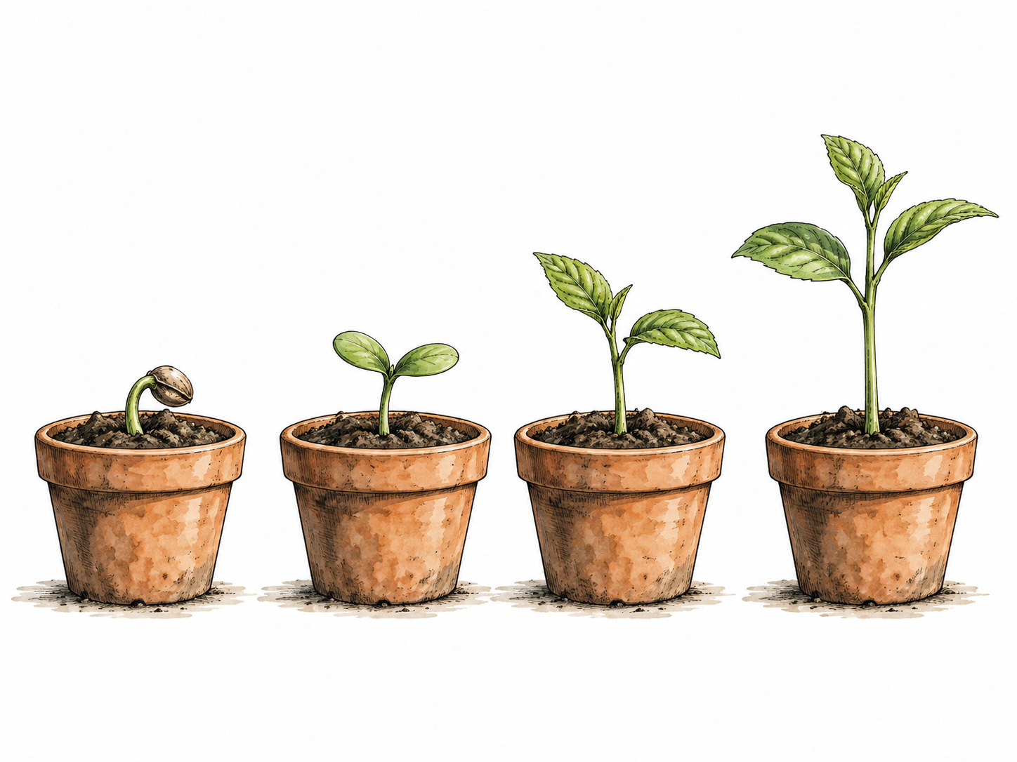 A sequence of four seedlings growing gradually taller in identical pots, ordered developmental stages.