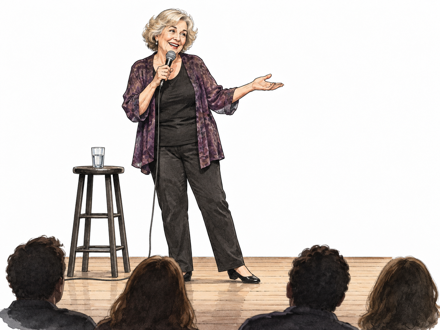 An older white female comedian performs on a simple stage with confident comic timing.