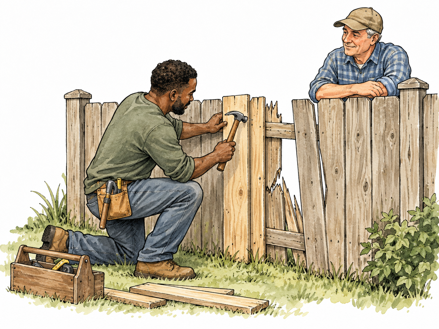 Black neighbor repairs a fence he accidentally damaged while owner observes.