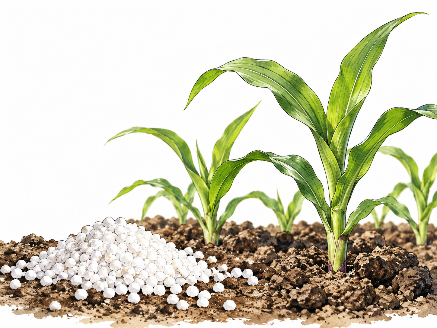 White urea fertilizer granules beside healthy crop seedlings, no ingestion.