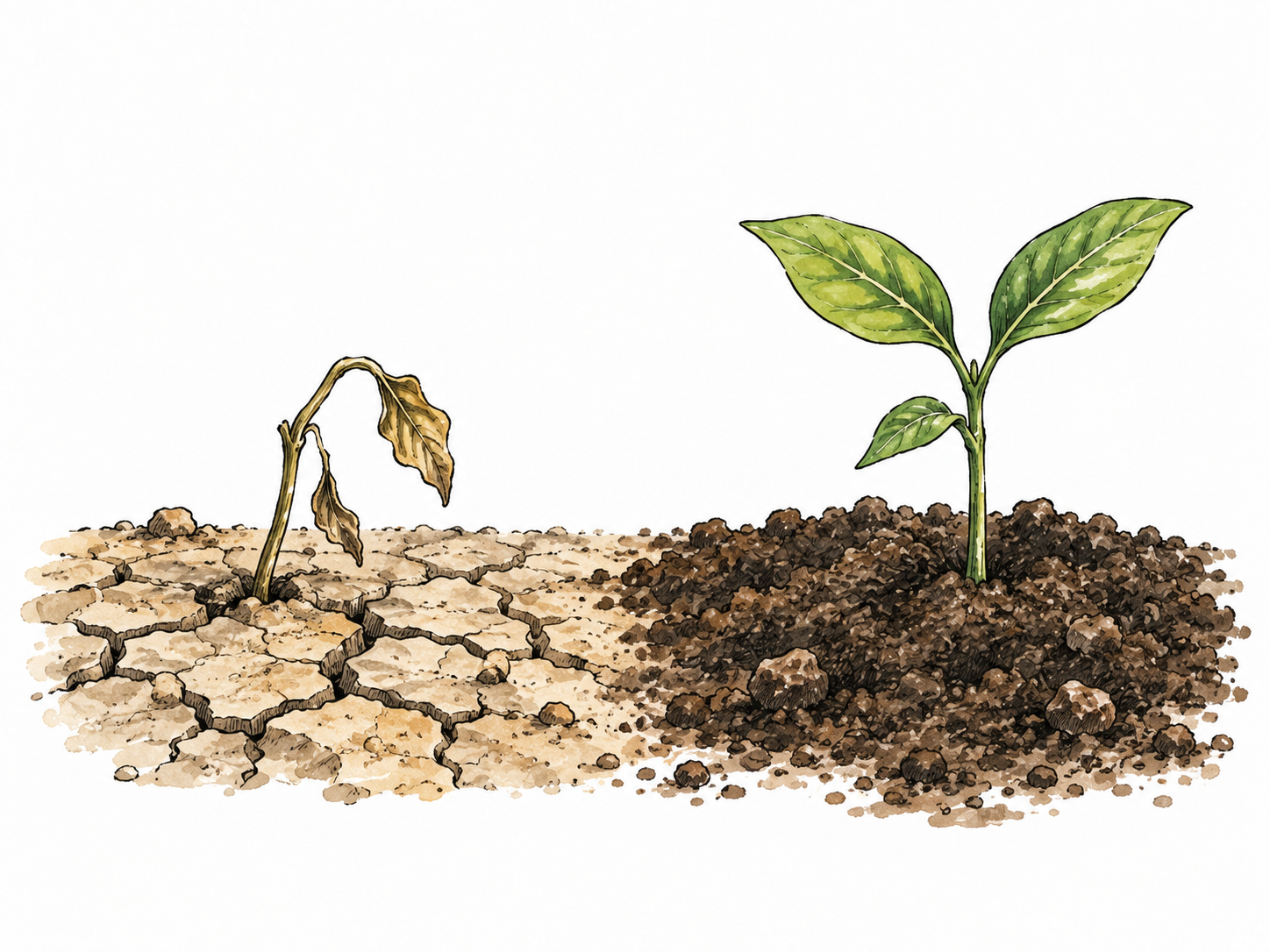 Dry barren soil with a failed seedling beside healthy rich soil for comparison.