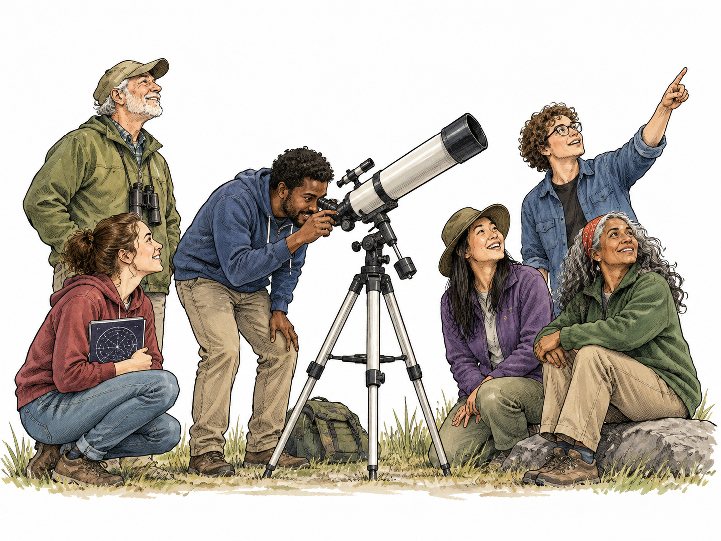 A diverse amateur astronomy club gathers around a telescope.