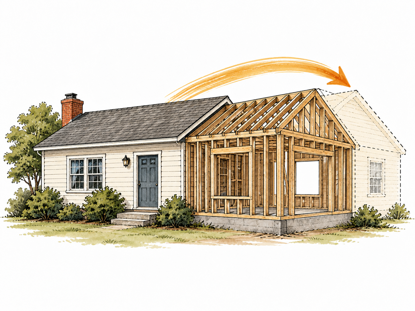 Adding extension enlarges modest house.