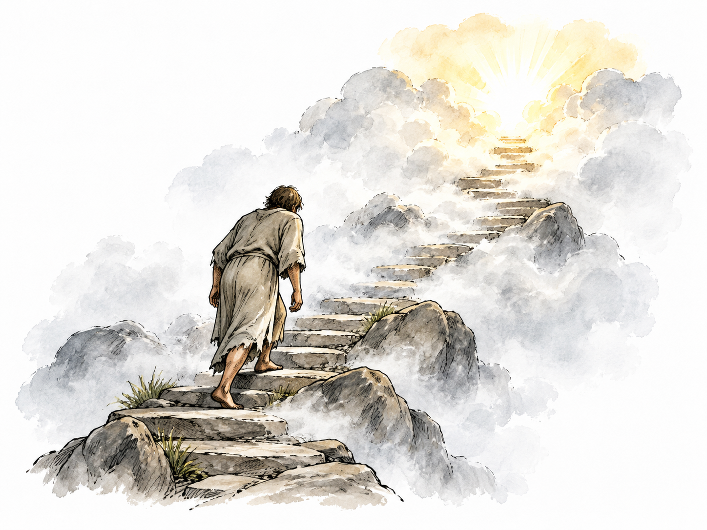 A lone figure ascends through mist toward light, symbolic temporary spiritual purification.