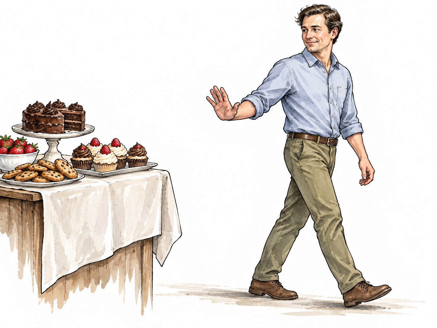 A white adult politely passes by a tempting dessert tray without taking any.