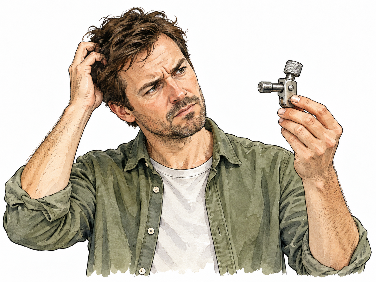 Puzzled white adult holds unfamiliar small mechanical gadget.