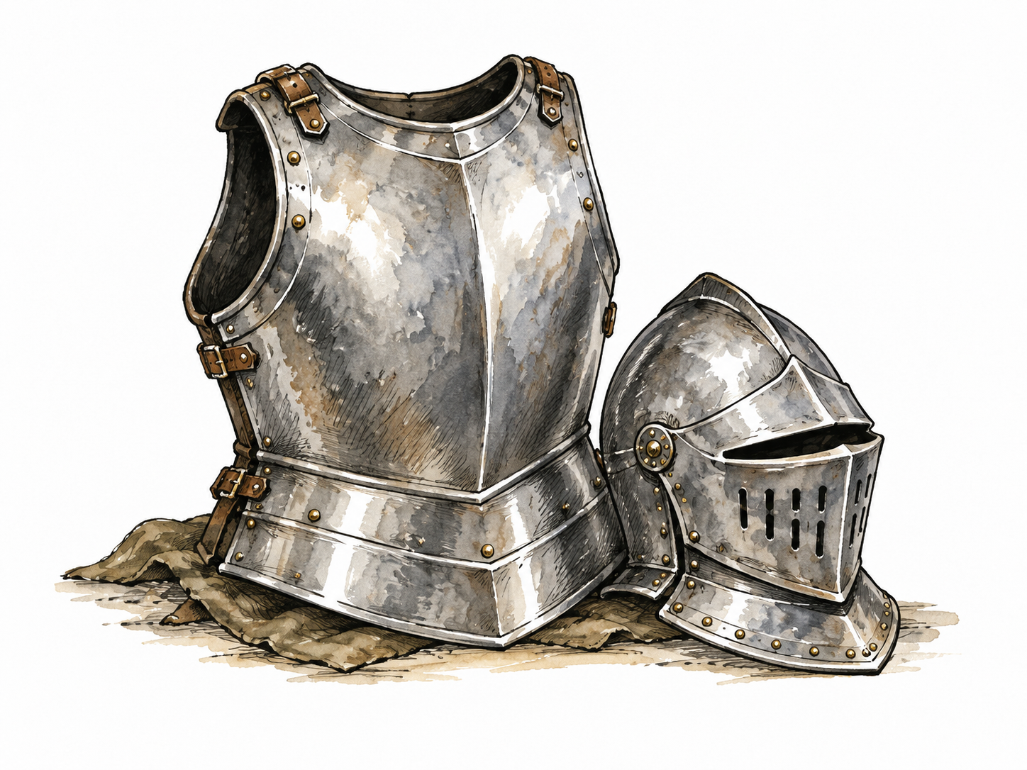 A historical steel breastplate and helmet displayed clearly.