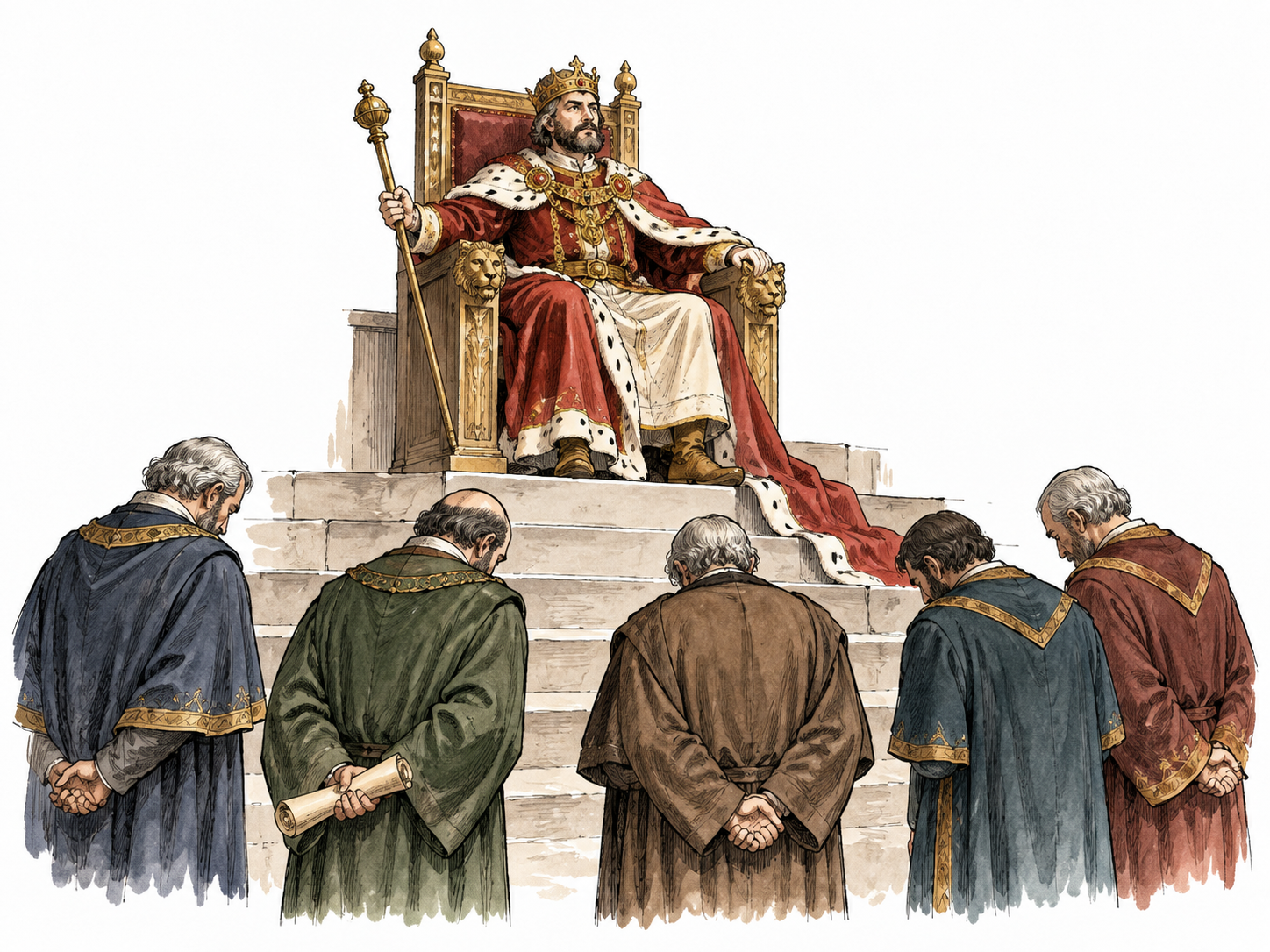 One ruler dominates a government chamber while all advisors wait silently below.