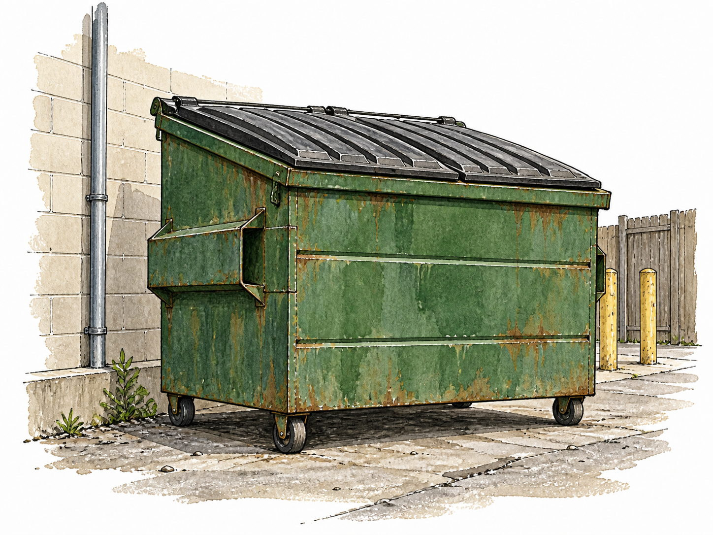 A large outdoor metal dumpster beside a service alley.
