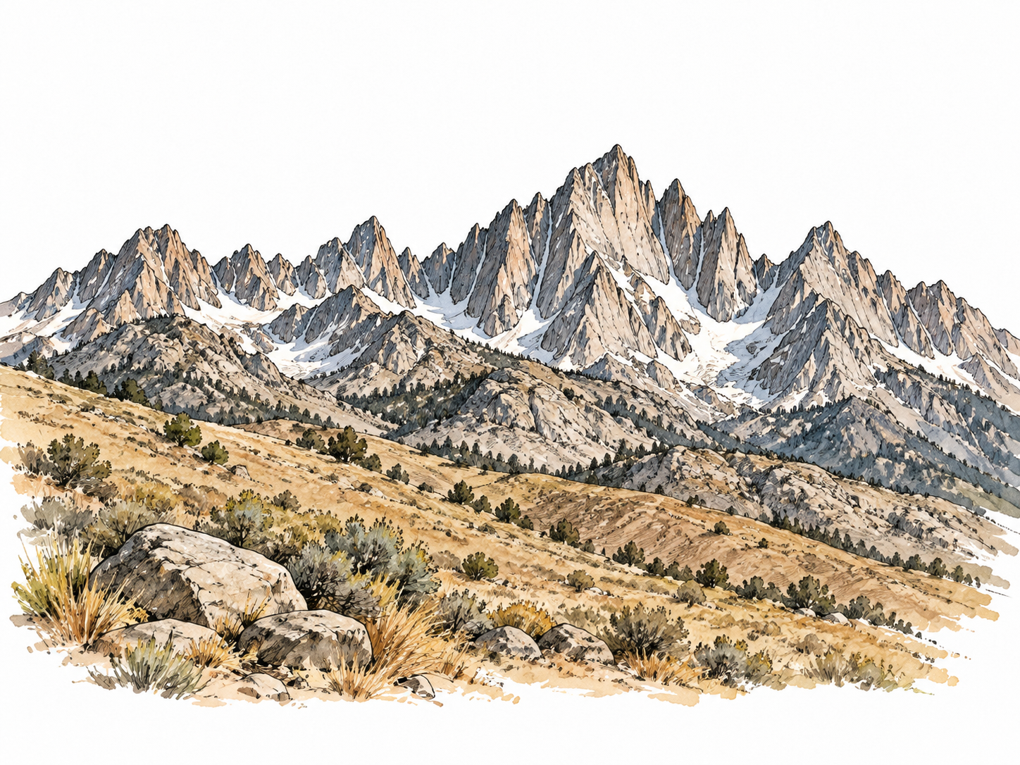 A majestic jagged mountain range with a clear sawtooth skyline, dry foothills and natural rock colors.