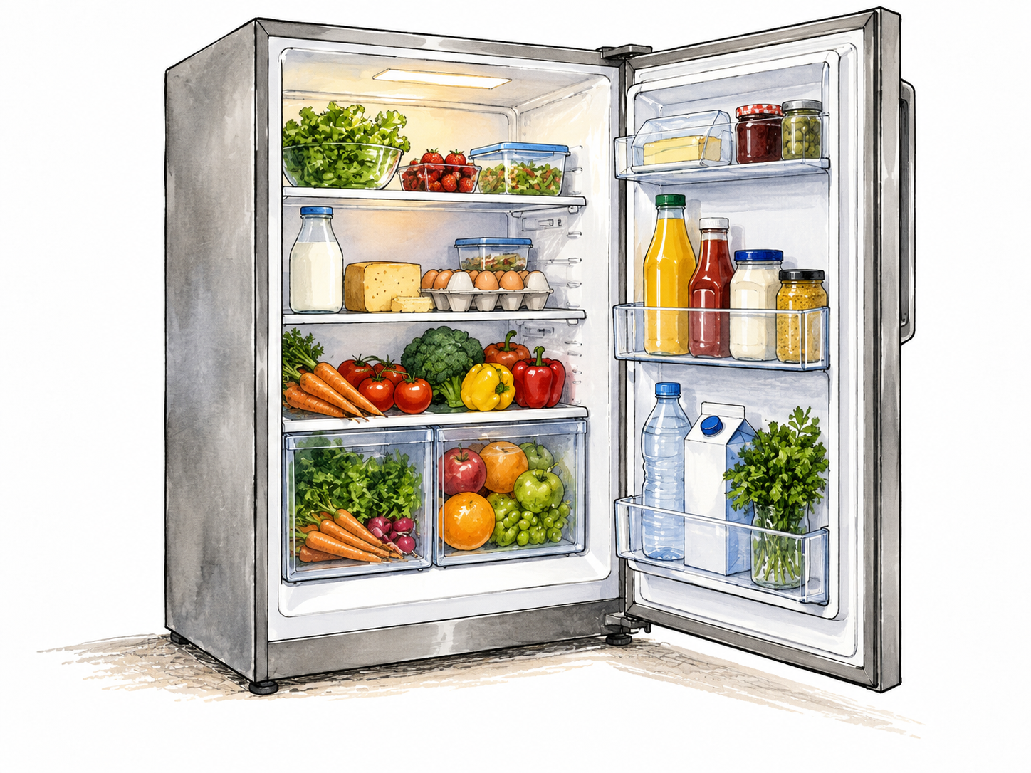 Open refrigerator with fresh food shelves.