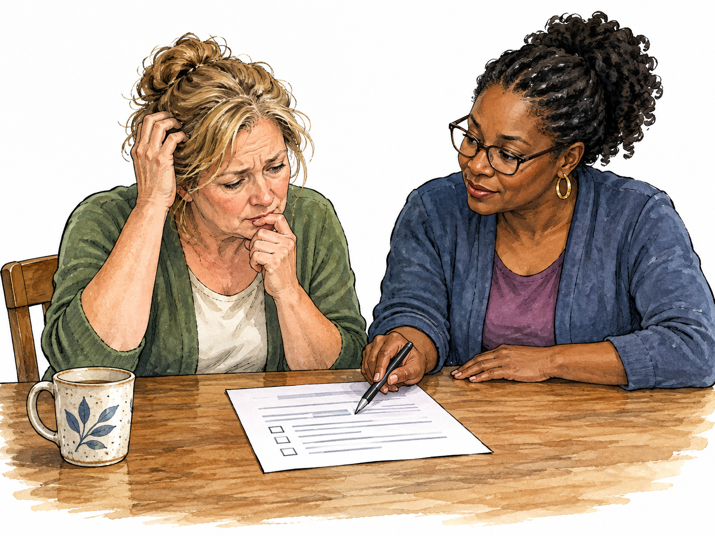 Adult white woman confronting an unfamiliar written form with uncertainty while a respectful Black literacy tutor patiently assists; dignified adult learner, not stupidity.