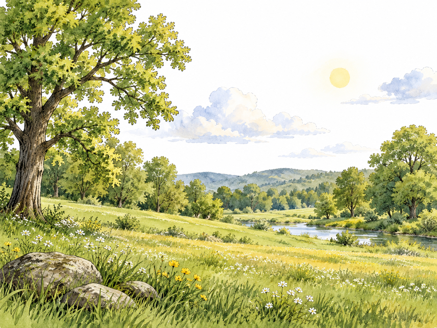 A green meadow with gentle sunshine and leafy trees under mild spring clouds.