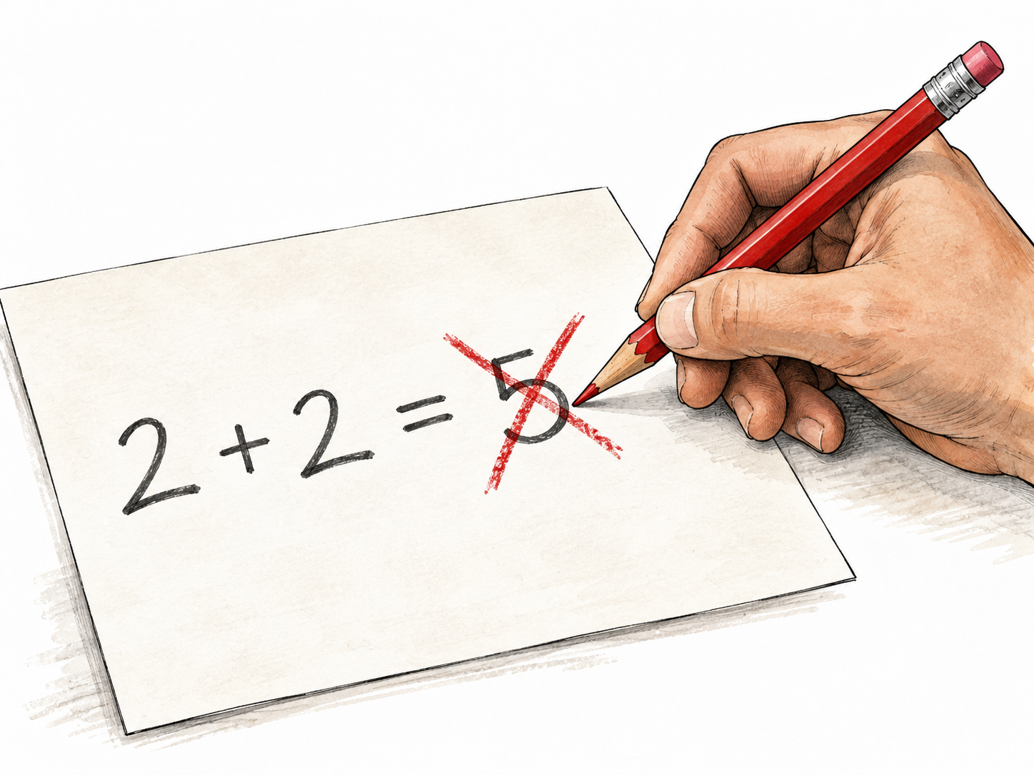 Red pencil marks incorrect arithmetic 2+2=5.