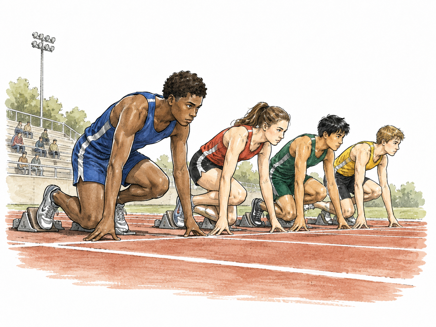 Runners line up for an early qualifying heat in a small stadium.
