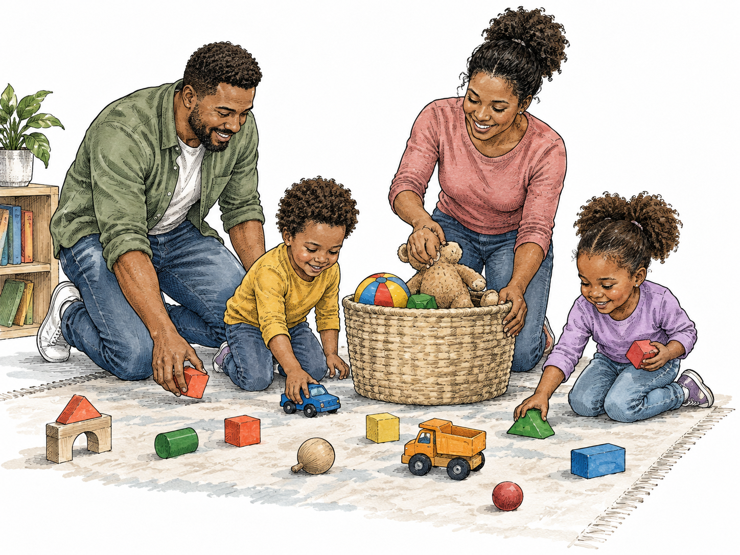 Black family gathers scattered toys into basket.