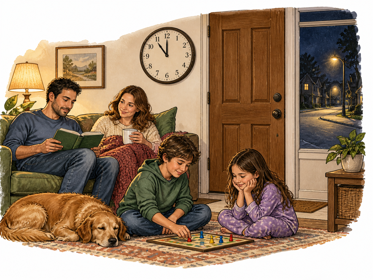 A family indoors at night while an empty street and clock showing late hour lie beyond a shut door, curfew implied by indoor requirement.