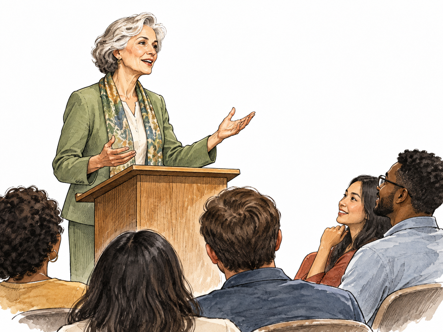 An older white woman speaks gracefully to an engaged diverse audience.