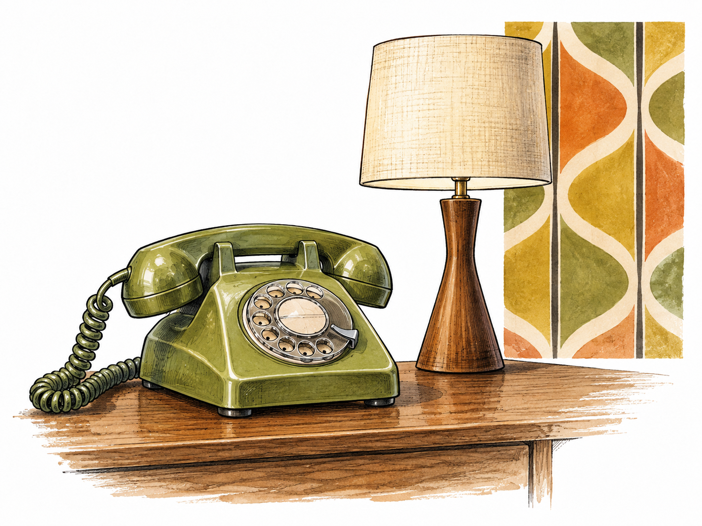 A vintage rotary telephone beside a mid-century lamp and geometric wallpaper swatch.