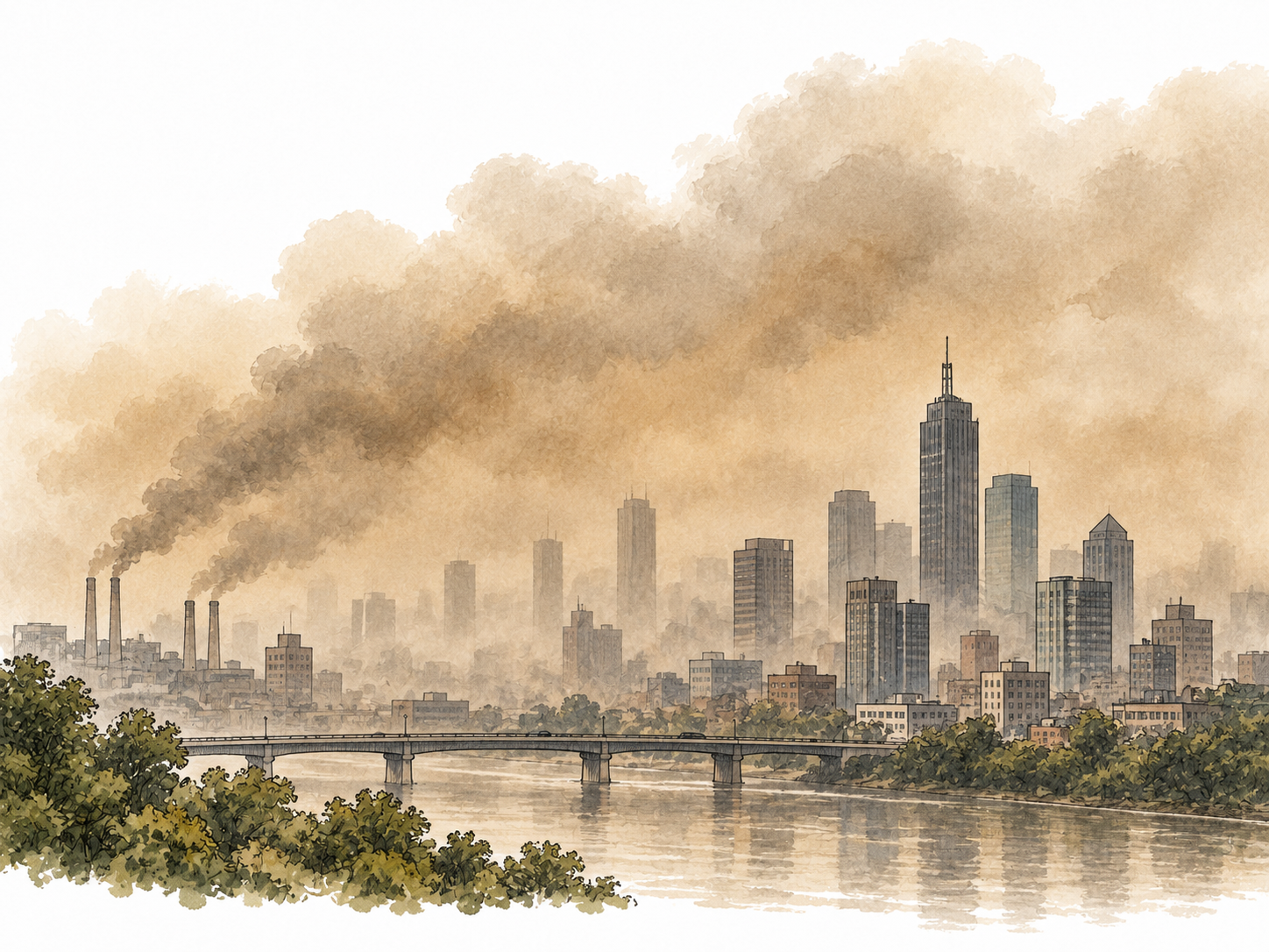 A modern city sits beneath a thick brownish pollution haze.