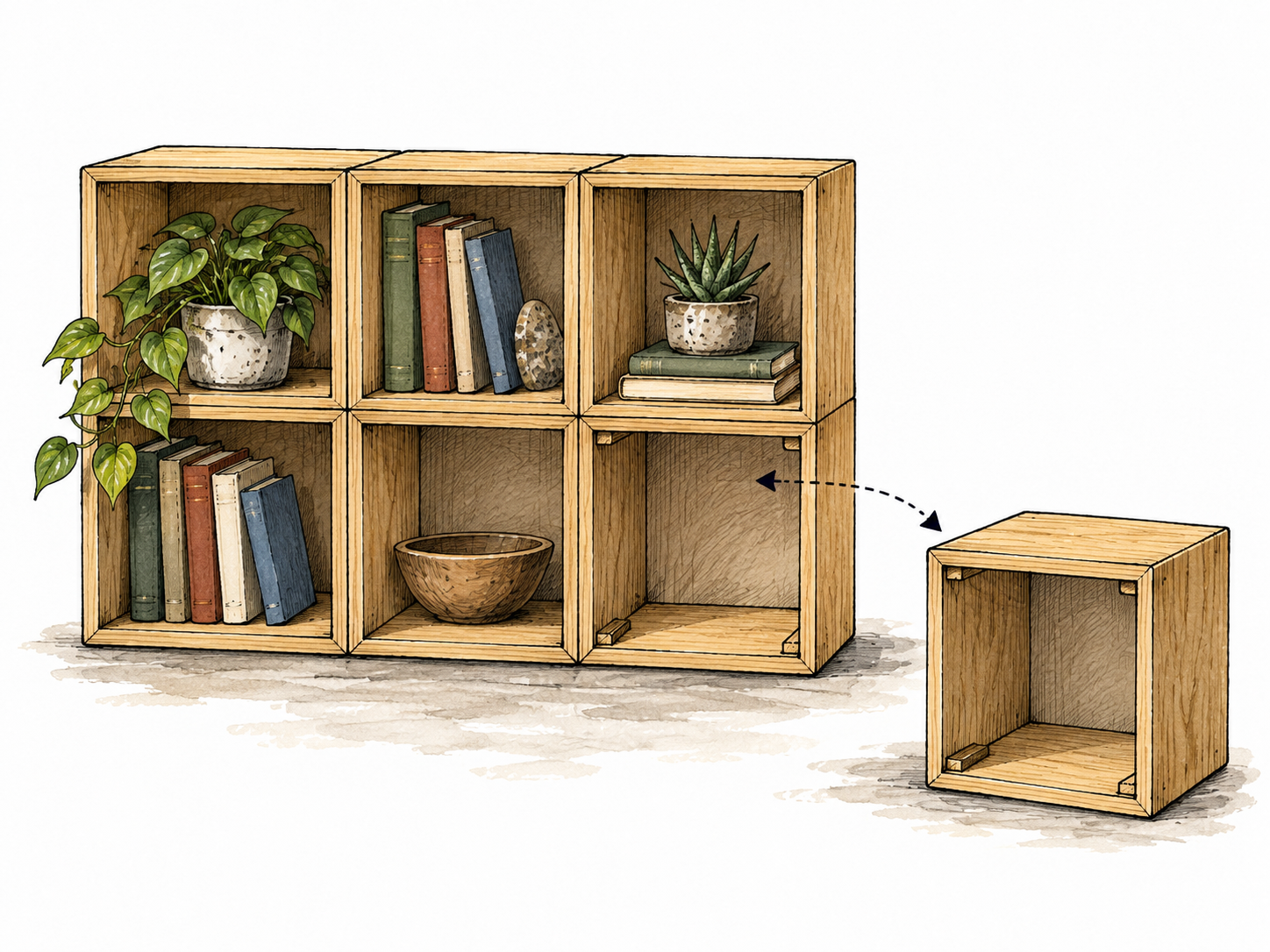 A bookshelf assembled from equal cube units, one unit removed and ready to replace, clear interchangeable construction.