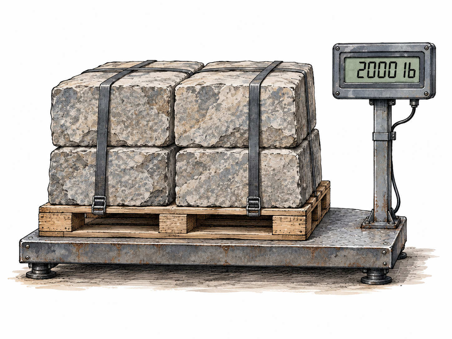 A pallet of heavy stone blocks on an industrial scale displaying exactly '2000 lb', United States short ton, no other words.