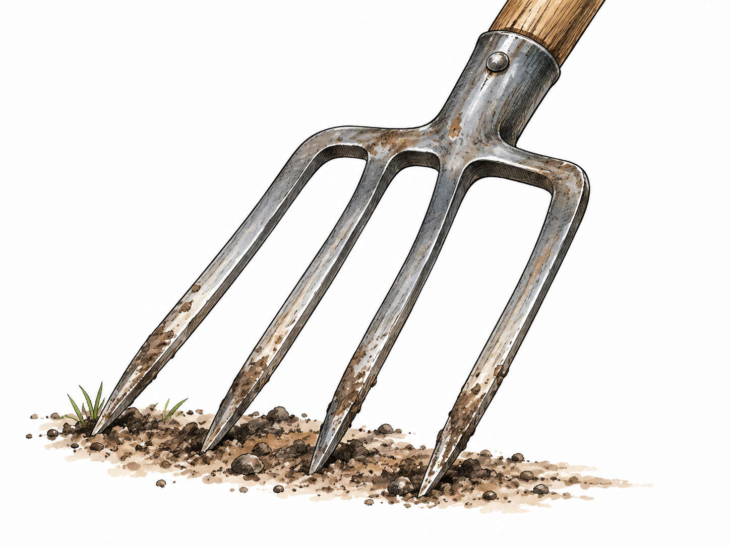 Close view of a garden fork's four distinct metal tines.