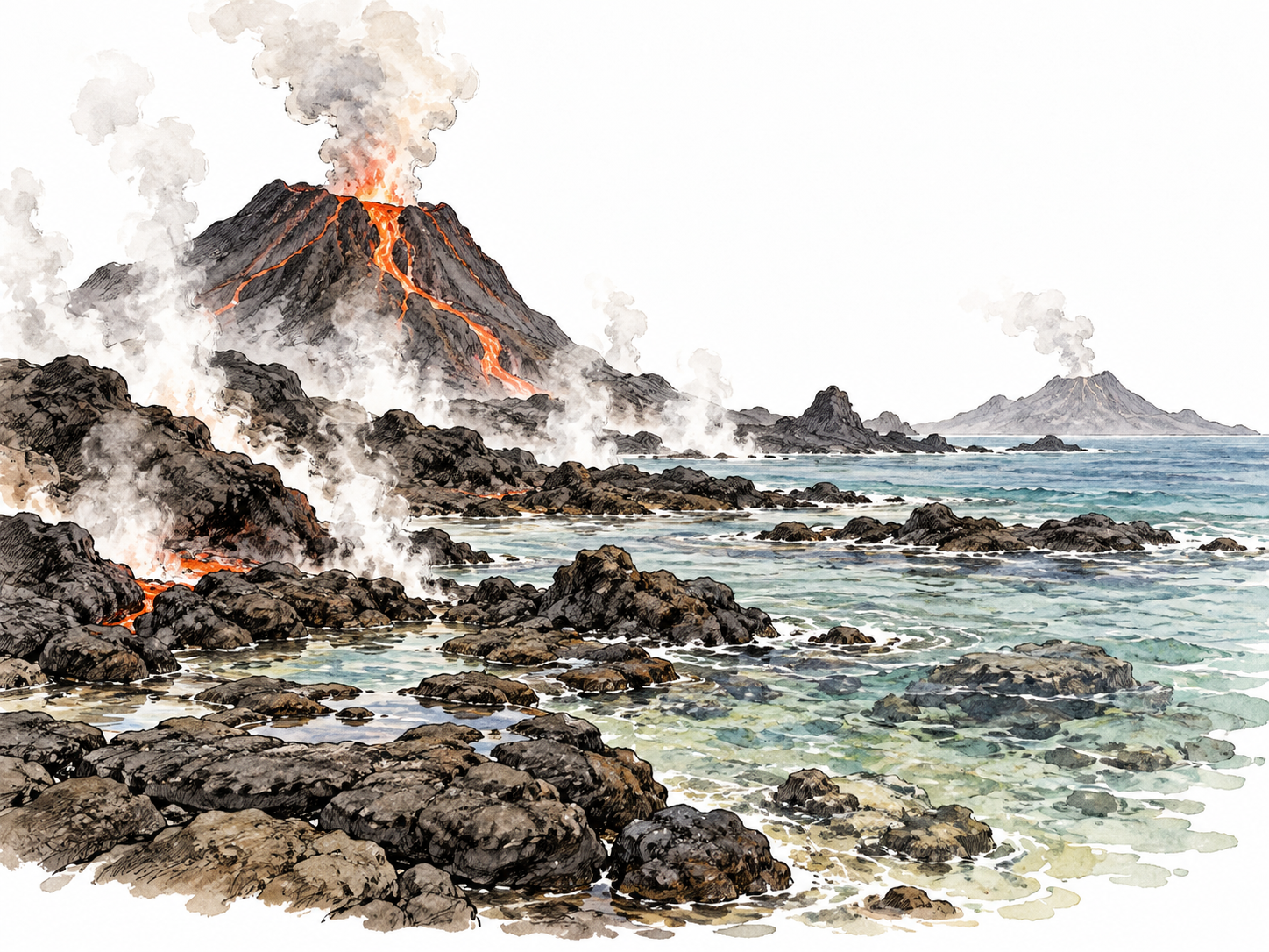 A primeval coastline with steaming volcanic rocks and shallow water, no humans.