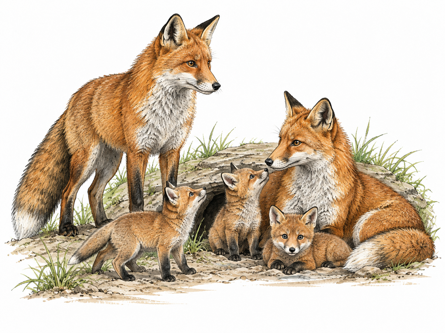 Two adult red foxes with kits, clear single animal species.