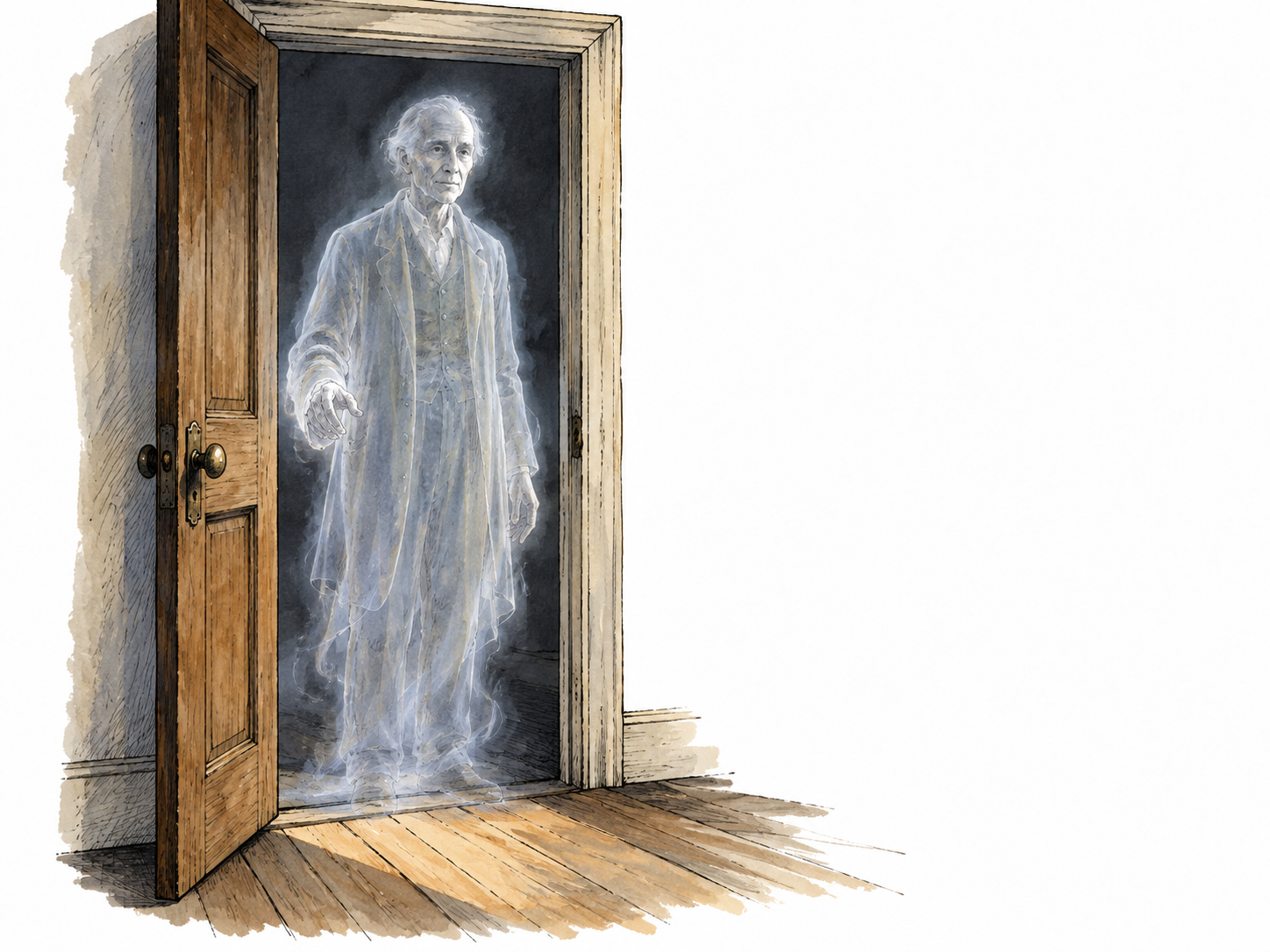 A faint imagined translucent older figure stands in a dim doorway, no gore.