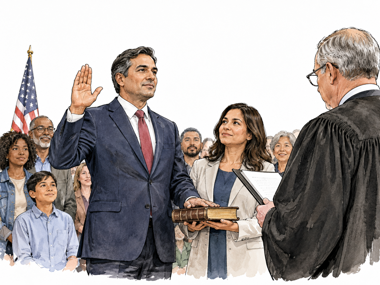 New mayor raises hand taking oath before diverse citizens.