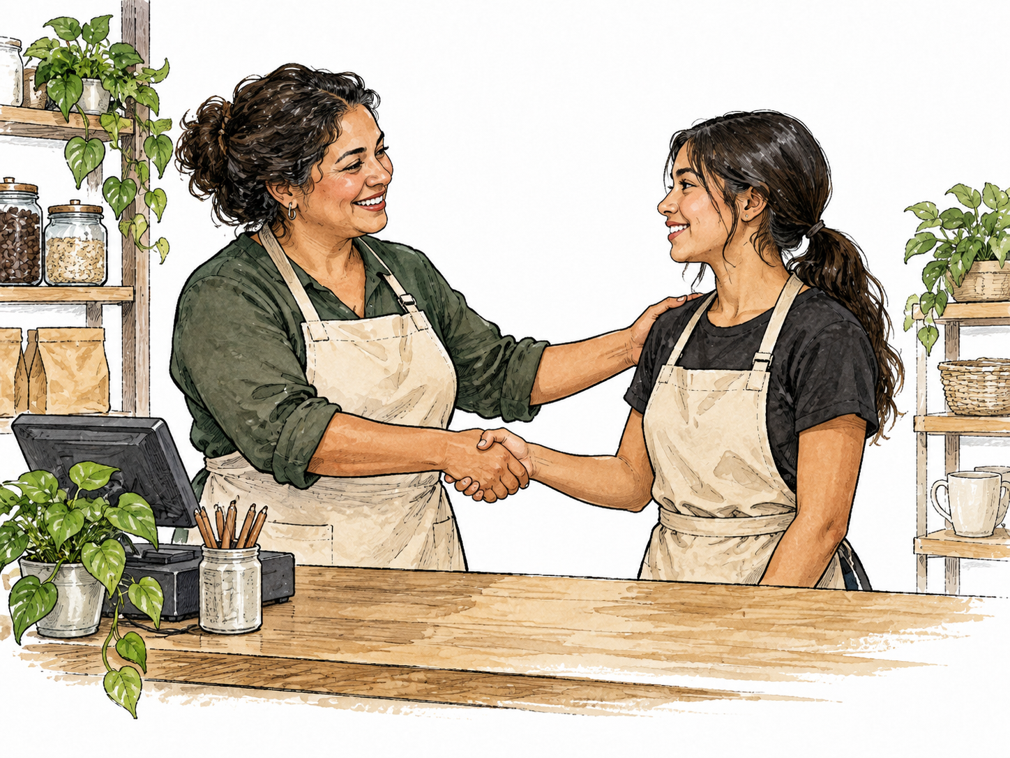 Latina shop owner welcomes a new employee behind a counter.