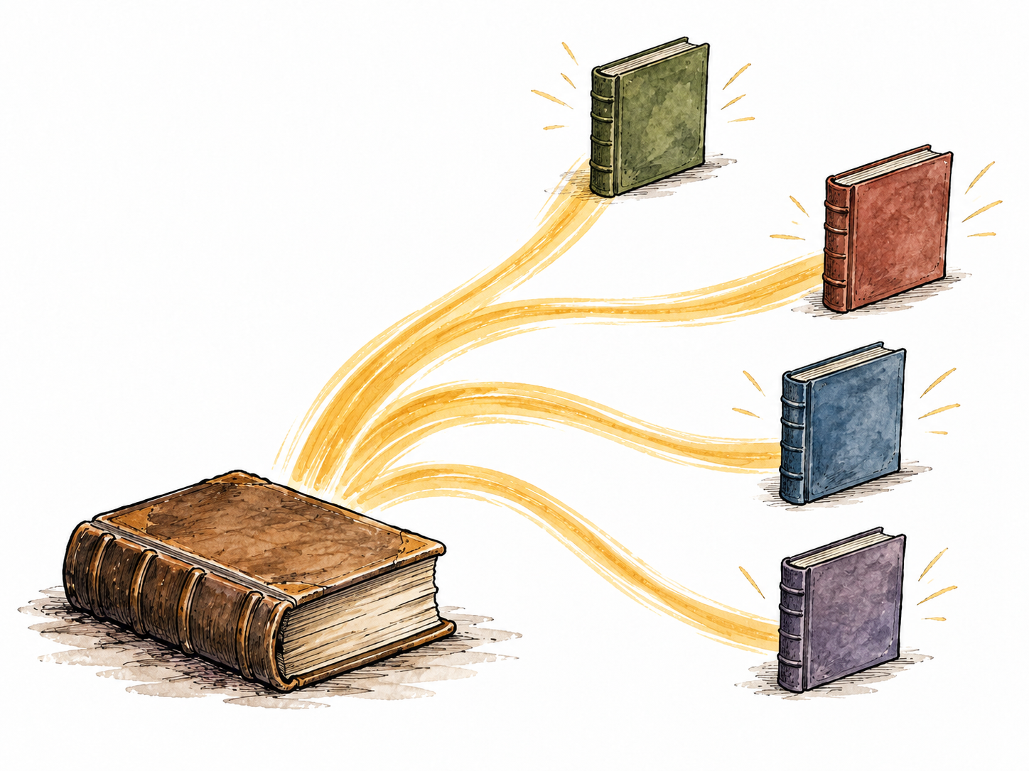 An influential first book sends branching lines to several later books, foundational influence.