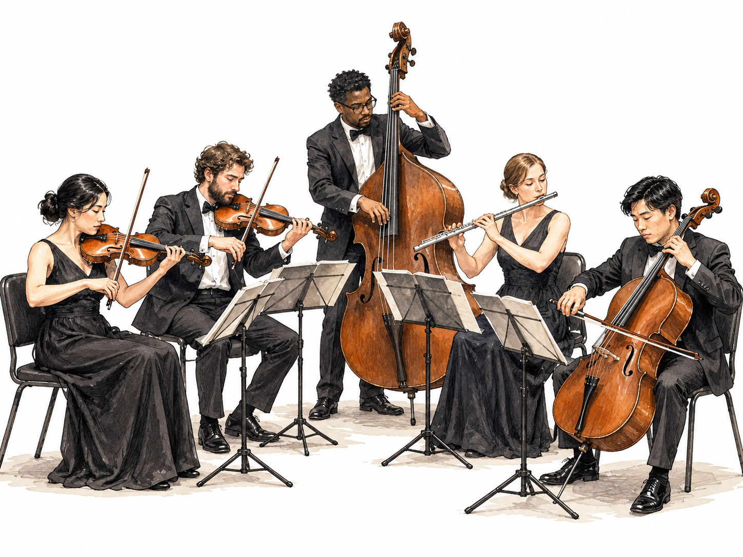 Five chamber musicians perform together, exactly five.