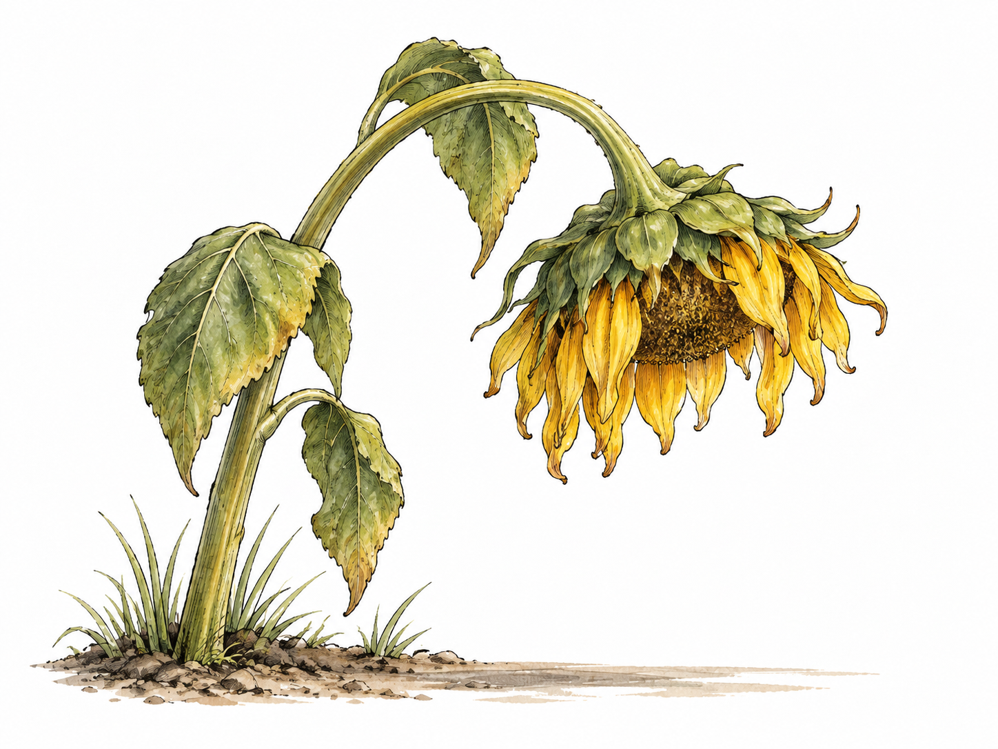 A drooping sunflower head bends under its own weight.
