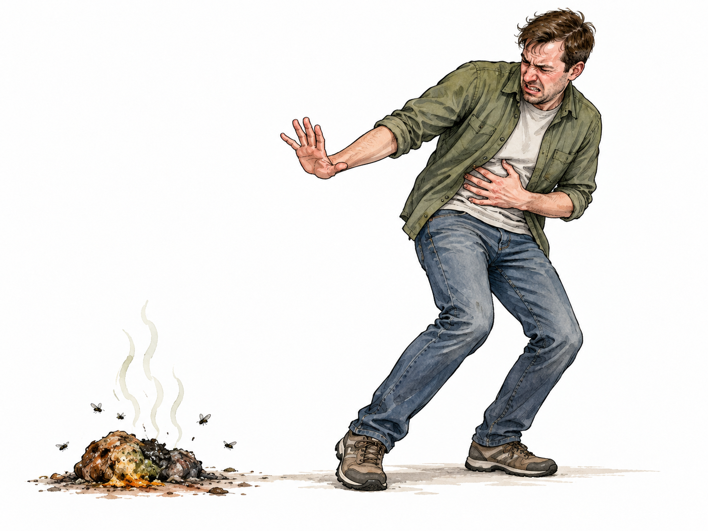 White adult instinctively recoils with hand to stomach at disturbing sight.