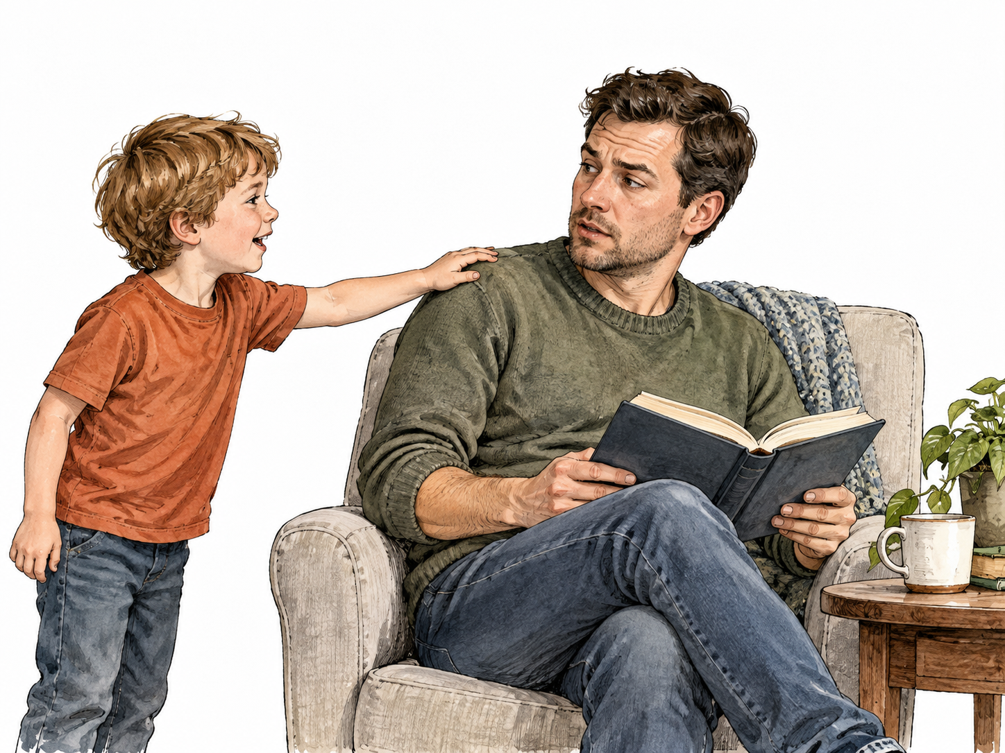 Child interrupts focused parent's reading by tapping shoulder.