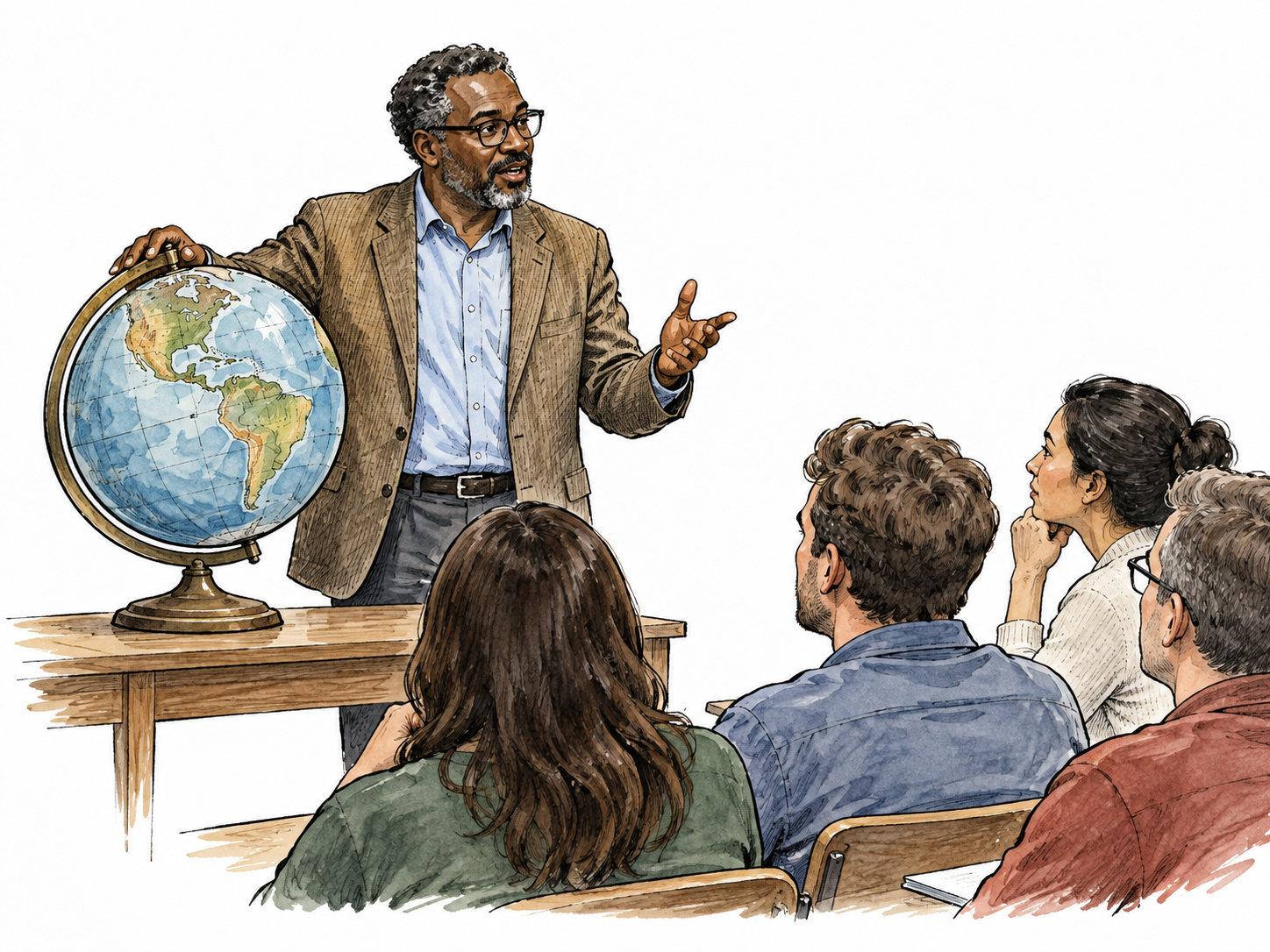 Black professor explains a globe to attentive adult students.
