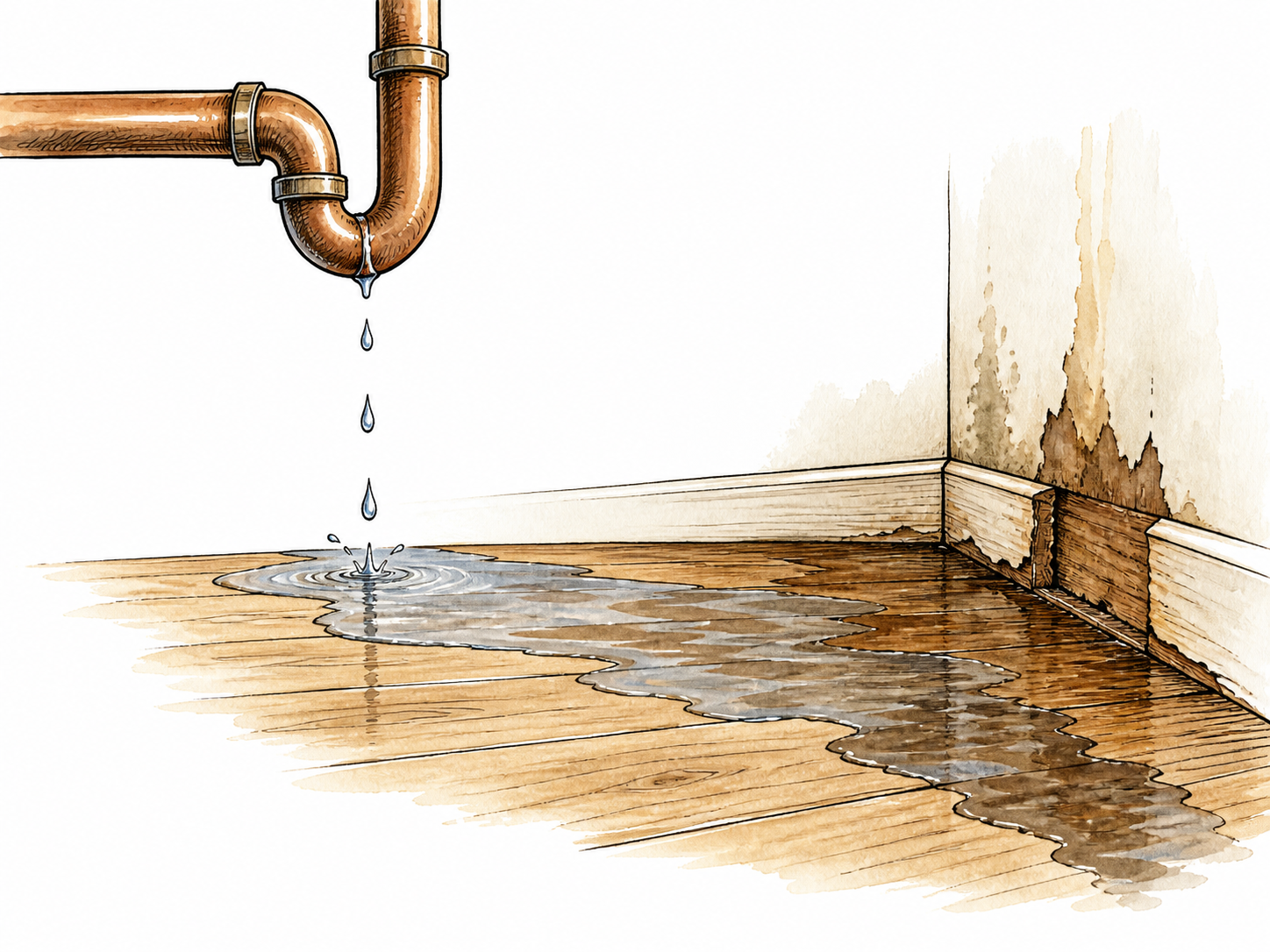Small leak worsens into spreading floor damage.