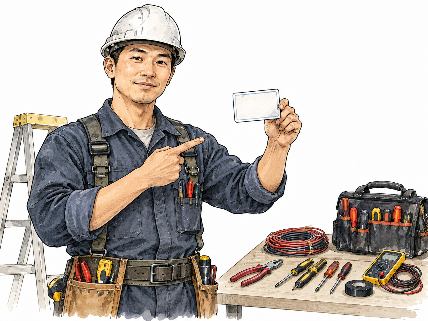 An East Asian electrician presents a blank certification card beside neatly organized tools.