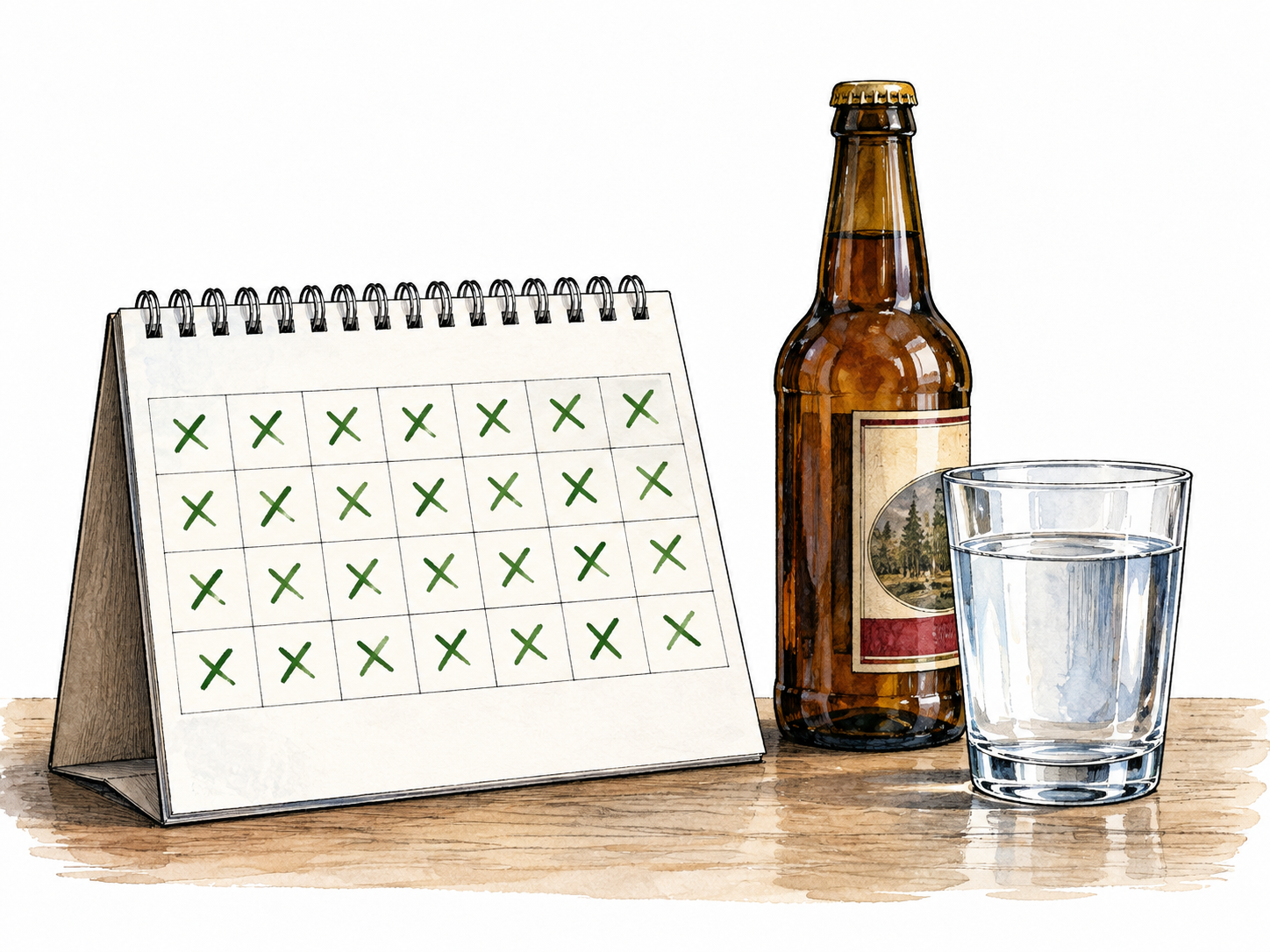 Calendar of alcohol-free days beside untouched sealed bottle and water.