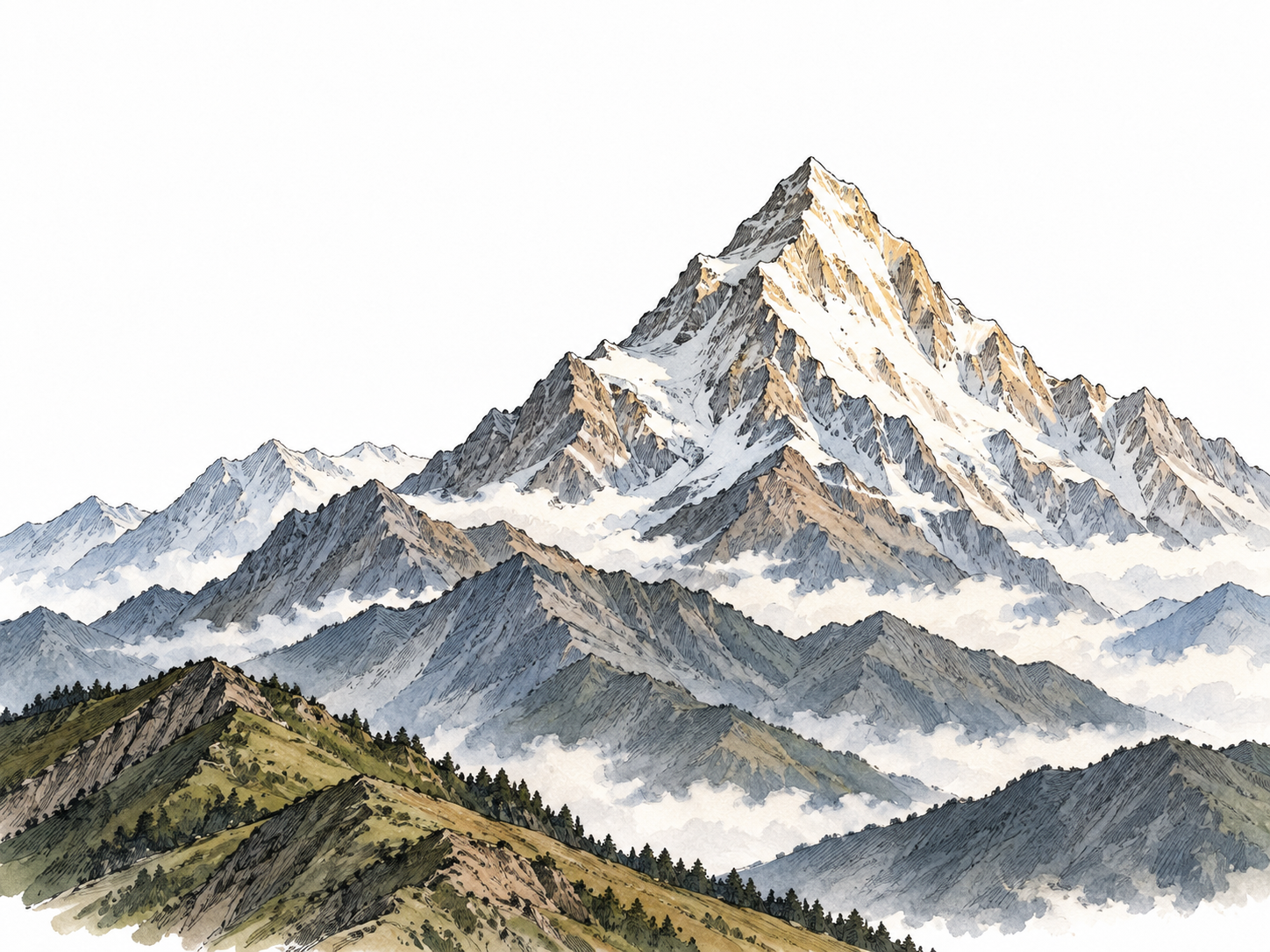Highest mountain summit towers over lower ranges.