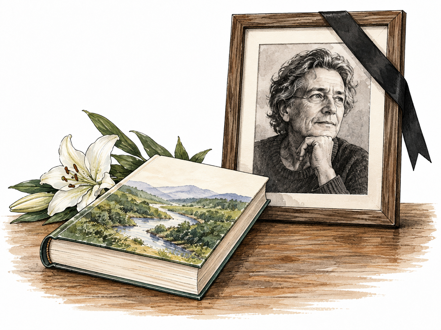 Writer's book published beside memorial portrait with black mourning ribbon.
