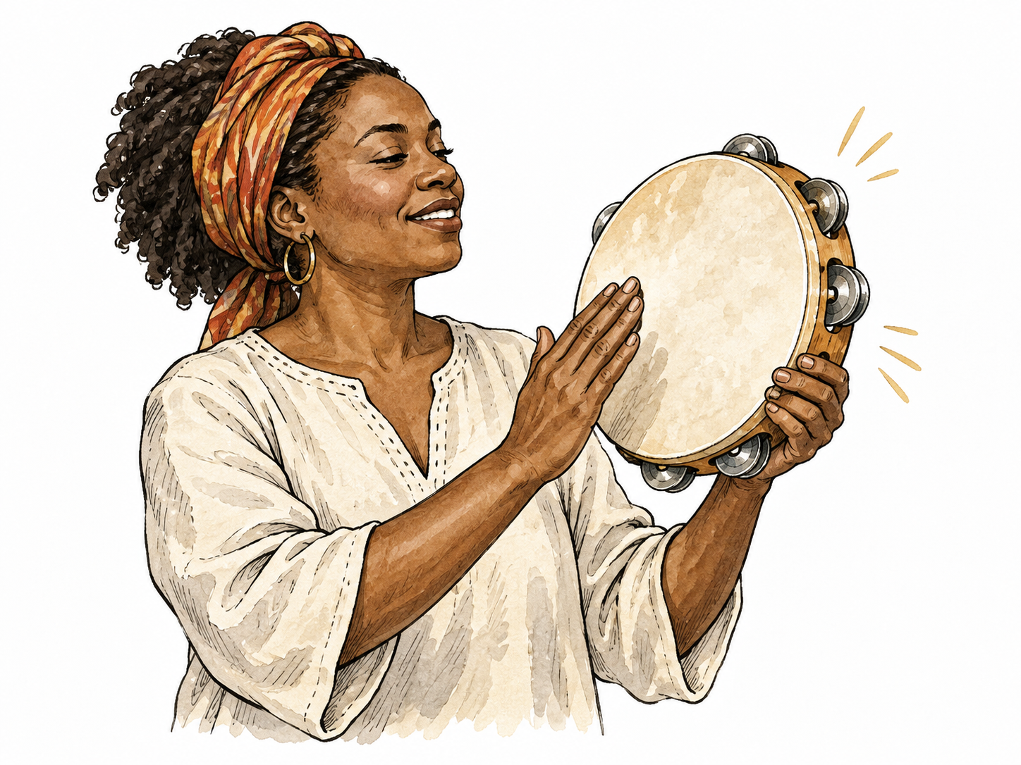 Round tambourine with metal jingles held by a Black musician.