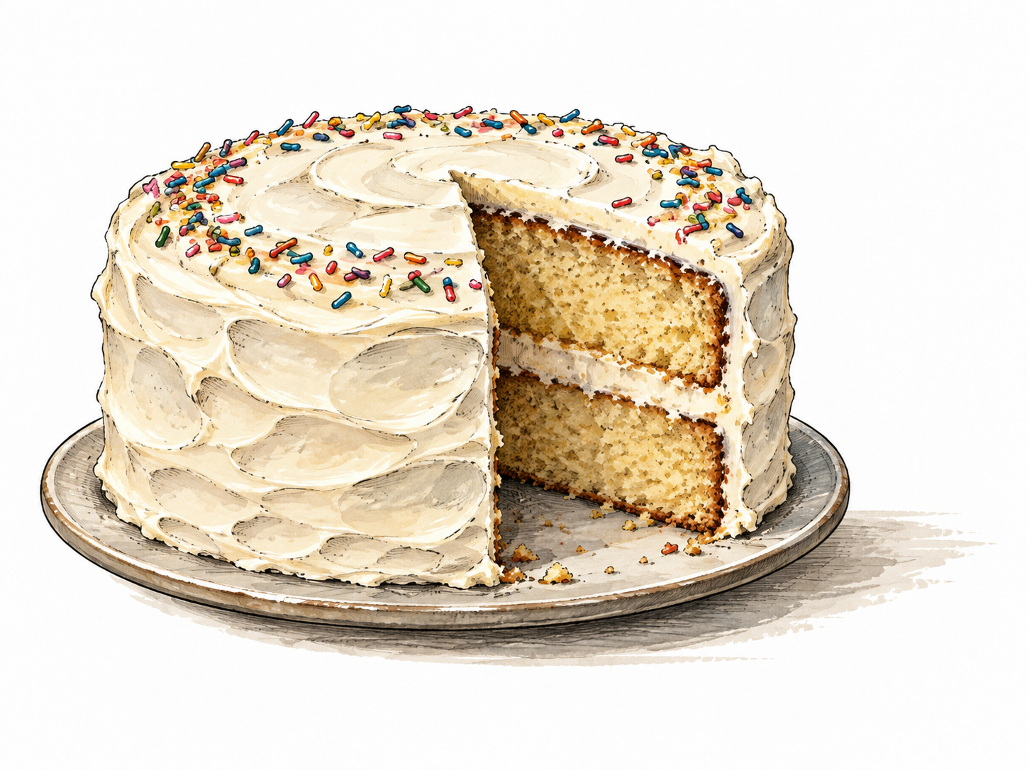 A moist frosted layer cake with one slice removed.