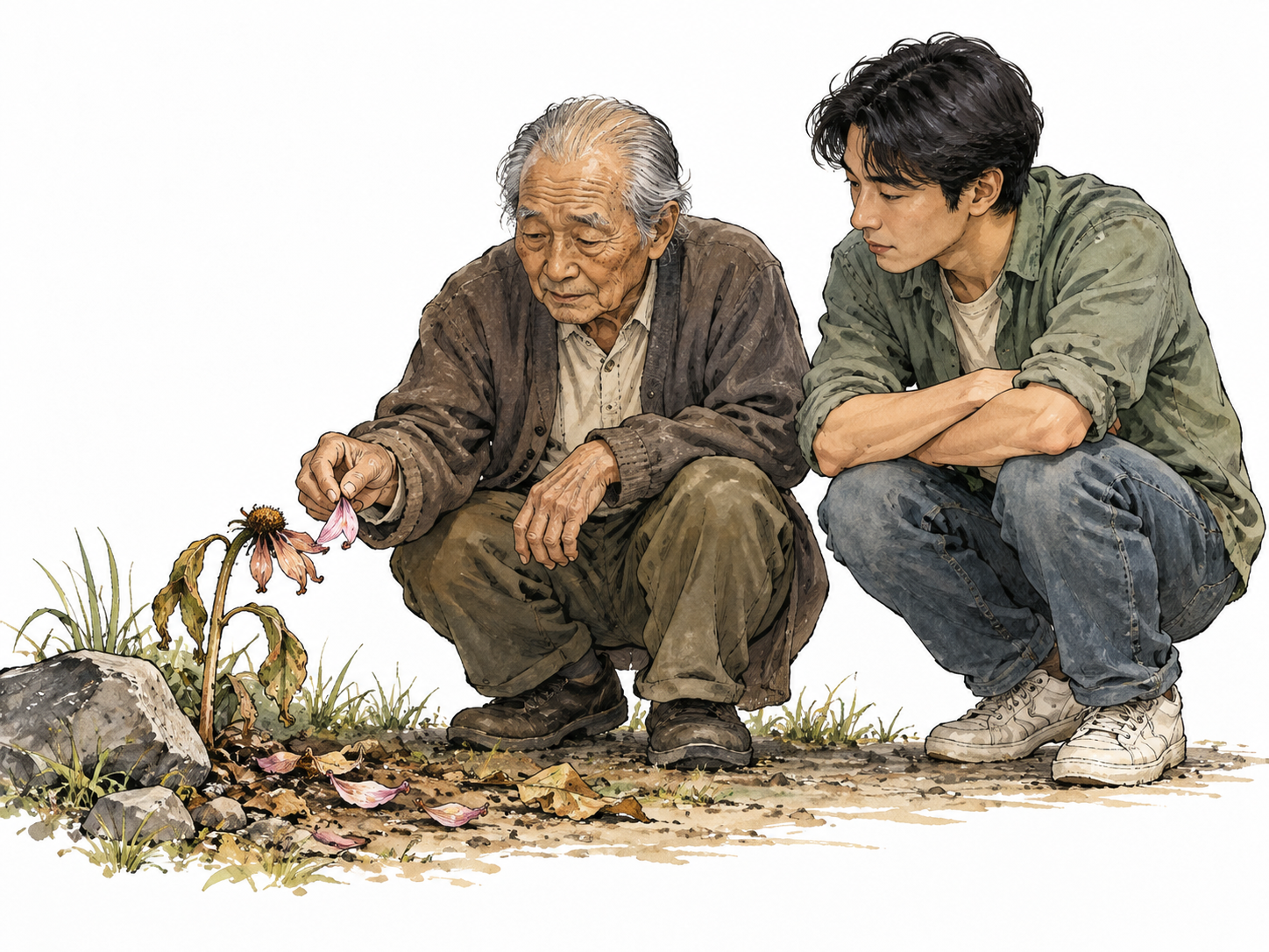 An elderly East Asian man and a young adult beside a fading flower, quiet human vulnerability and limited lifespan.